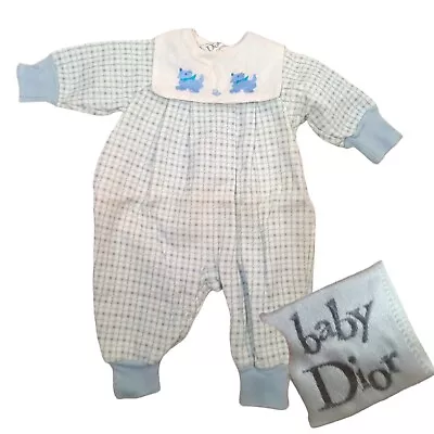 Vintage Dior Baby Boy One Piece Coverall Blue Plaid Scottie Dog 6 Mo + Free Gift • $38