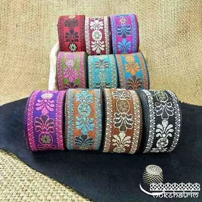 £2.40 • Buy Indian Flower Fleur De Lis Jacquard Metallic Gold Multicoloured Ribbon MA1931