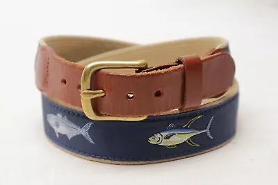 Leather Man Ltd Mens Surcingle Belt 32 Blue Fish Beige Canvas Brown Leather USA • $34.99