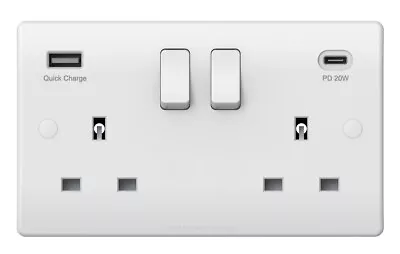 Double Wall Plug Socket 2 Gang 13A With USB C PD20W & Quick Charge White USBW3PD • £16.99