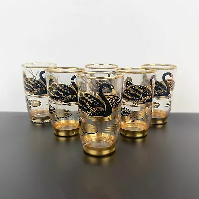 Set Of 6 Vintage Glass Tumblers With Black And Gold Swan Design • $25.26