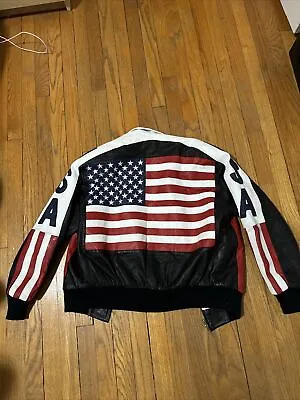 Vintage Michael Hoban WhereMI Leather Jacket USA American Flag Mens M Black • $80