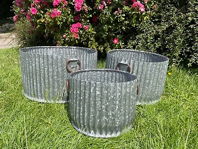 Galvanised Zinc Half Dolly Tub | Set OR 1 Garden Trough Ribbed Pot Planter Decor • £24.99