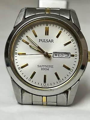 Pulsar Men’s Watch Sapphire 100m Vintage VJ33-X010 Silver Gold Day Date • $50