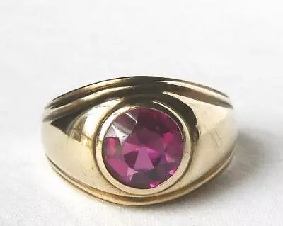 Mens Vintage 10k Gold 2.35 Ct Lab Ruby Bezel Set Solitaire Ring Sz 10.25 • $399