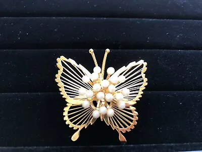 Estate New Old Stock Gold Filled Monet Faux Pearl Butterfly Brooch Pin 2” X 2” • $16.99