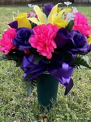 Cemetery Vase Memorial Silk Flower Arrangement Purple Neon Pink & Yellow • $35