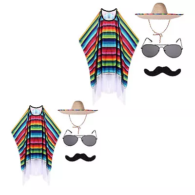 US Kids Adult Mexican Party Costume Mustache Party Decor Poncho ColorfulStriped • $17.09