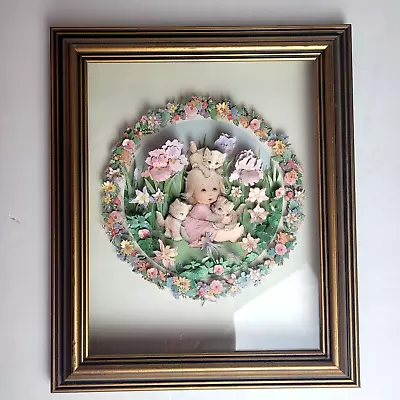 Vintage 1995 Shadow Box 3D Art Girl Kittens Garden Flowers Ruth Morehead  12x10  • $17.92