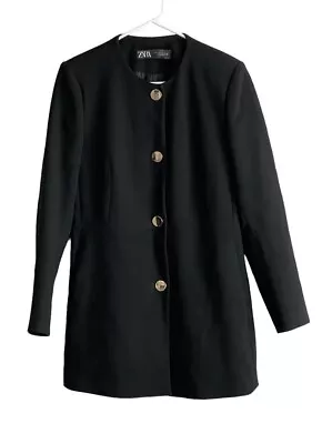 Zara Womens Black Jacket Large Frock Coat Gold Snaps Tailored • $39.99