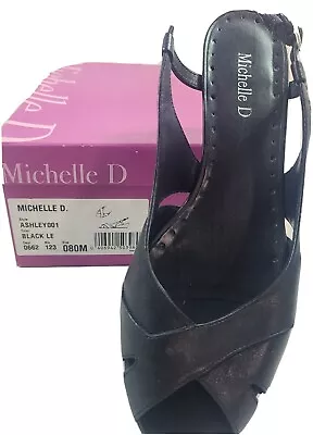 Womens Michelle D Ashley Black Leather Dress Shoe Low Heel Wedge Size 8 In Box • $29.99