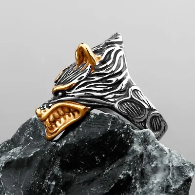 $13.95 • Buy Men's Fashion Ring Viking Gold Evil Wolf Head Design Titanium Stainless Steel