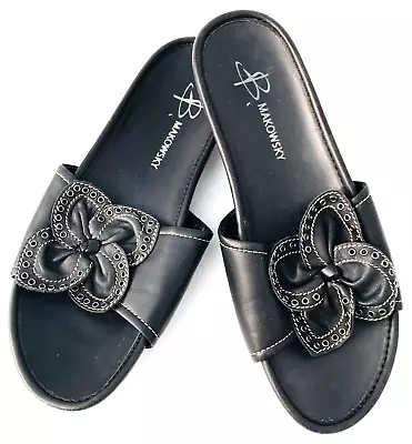 B MAKOWSKY BLACK Leather SLIP ON Sandal SHOES SZ 7W WOMENS Floral Design • $22.89