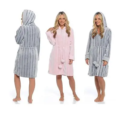 Womens Stripe Zip Through Hooded Fleece Gown Dressing Gown Bath Robe Loungewear • £24.99
