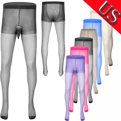 US Mens Sissy Lingerie See Through Pantyhose Tights Stockings With Sheath Pouch • $7.35