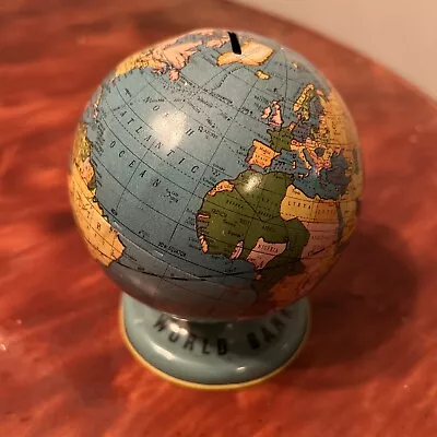 Vintage Ohio Art Small Tin Globe Coin Bank World Bank 4  Globe Save & Prosper • $15