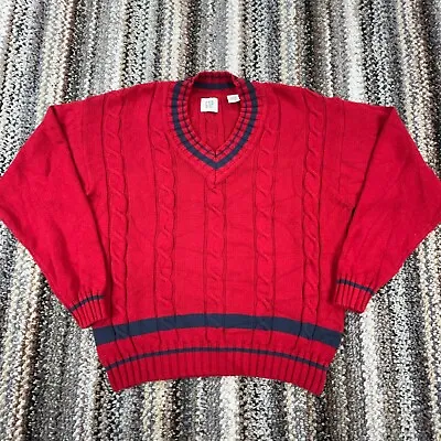 Vintage Gap Sweater Men Medium Red Blue Heavy Cable Knit V Neck Cricket Tennis • $39.91