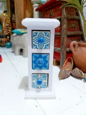 Indian Mango Wood Spice/trinket Chest With Three Ceramic Drawers - Offer! • £14.95