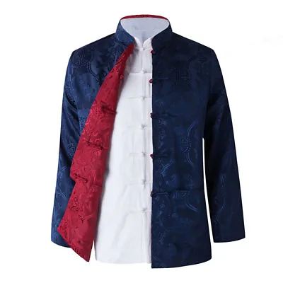 Reversible Traditional Chinese Clothes Men Tang Suit Top Silk Print Jacket Coat • £16.79