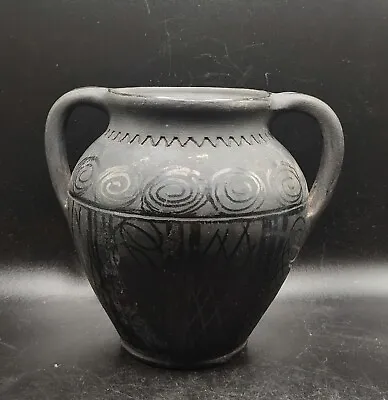 Vintage Handmade Romanian Marginea Folk Art Black Pottery Vase Matte 5  Signed  • $47.99