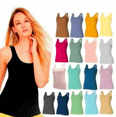 £3.39 • Buy Womens Scoop Neck Sleeveless Ladies Long Stretch Plain Vest Strappy T-Shirt Top