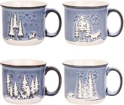 4 Assorted 14 Oz Reactive Blue With Forest And Moose Mugs • $55.94