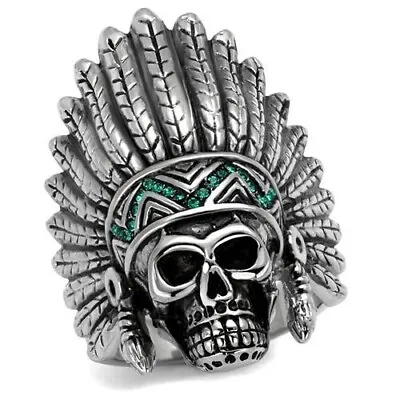 Mens Skull Ring Silver Indian Feathers Emerald Green Gemstones Bike Goth • £19.95