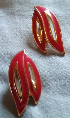 Vintage Monet Gold Tone Red Enamel Clip Earrings. • $11