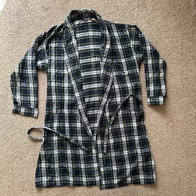 LL Bean Bathrobe Mens Large Green Blue Plaid Soft Flannel Sleep Cotton • $31.95