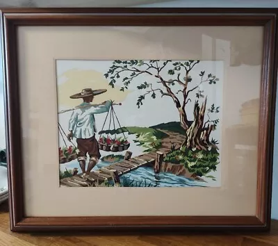 NICE Vintage MCM Asian Man & River Completed Paint By Number Wood Frame 16x20 • $29