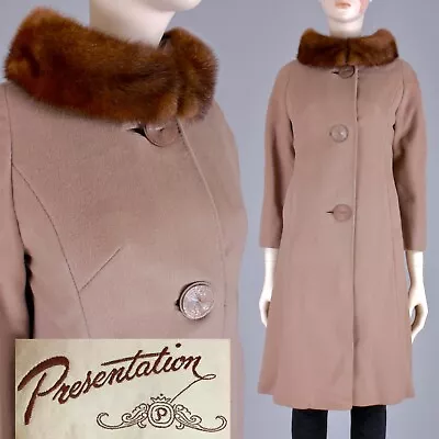 M Vintage 1950s Tan Wool Stroller Coat Brown Mink Fur Portrait Collar 50s 60s • $179.91