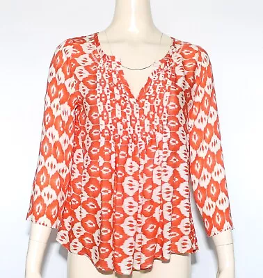 Anthropologie Vanessa Virginia White Orange Pleated 3/4 Sleeve Blouse Top Size 4 • $7