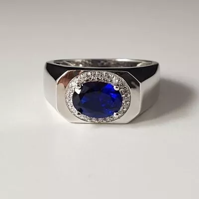 Antique Men's Wedding Ring Simulated Blue Sapphire 3Ct Oval Cut Silver 925 • $320.24