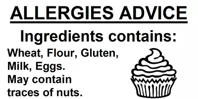 100 WHITE Cup Cake Allergies Advice Warning Labels Food Ingredient Content 50x25 • £2.85