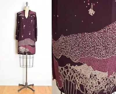 Vintage 70s Dress Plum Purple Graphic Print TREES Hippie Boho Mini Dress XS • $74