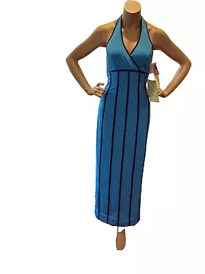 VINTAGE '80s Bright Blue HALTER Gown With BLACK STRIPES New With Tags SIZE 7 • $79.99