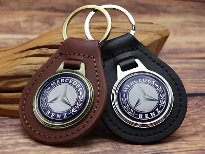 NEW RARE VINTAGE BLUE MERCEDES - BENZ CAR Leather Key Chain Ring Fob NOS • $19.99