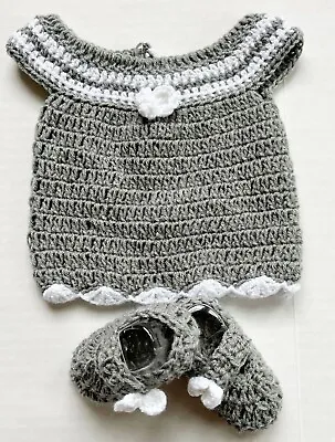 Gray White Crochet Preemie Baby Frock Bootie Silicone Reborn Dolls Wear L-9  • $10.25