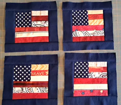 Mini Quilt Top - 4 Blocks FLAGS ~ 7  X 7  Red White & Blue!! • $4.99
