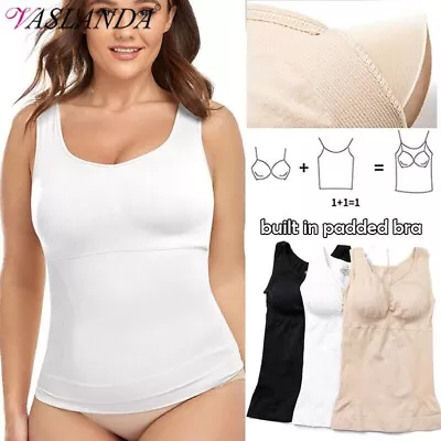 Women Built In Bra Camisole Tank Top Vest Body Shaper Tummy Control Shapewear UK • £14.79