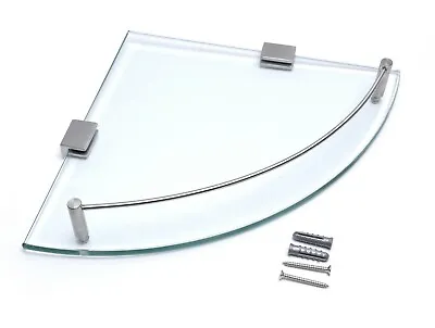 Wall Mounted Clear Glass Corner Shelf Various Chrome Supports Metal Rail • £16.59