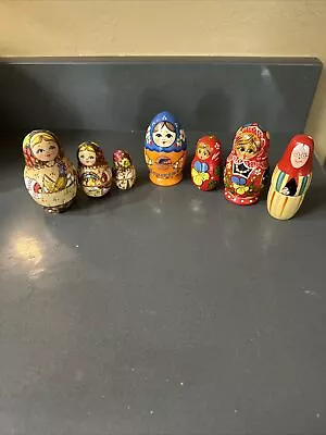 Lot Of 7 Russian Nesting Style Matryoshka Dolls Wooden Vintage With Extra Parts • $15