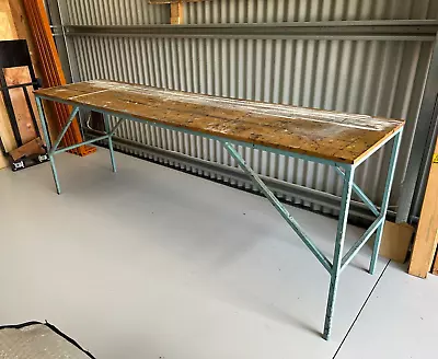 VINTAGE Industrial Table Work Bench 8ft Steel Frame & Timber Assembly Production • $150