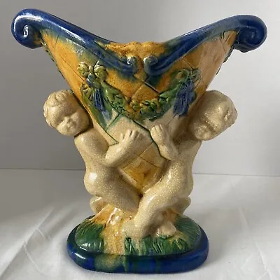 $75 • Buy Vintage Majolica Vase 2 Cherub Drip Glaze Vase