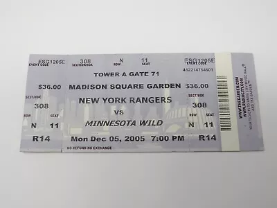 December 5 2005 New York Rangers Vs. Minnesota Wild NHL Hockey Ticket Stub • $16.99