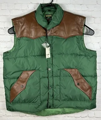 NWT Vintage Schott Leather Down Goose Puffer Vest Men’s Size 3XL Green Brown • $152.44