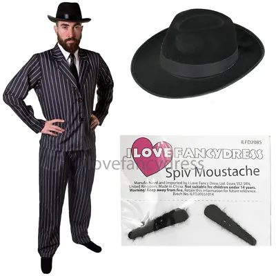 Mens Gangster Costume With Hat 5 Piece 1920's Fancy Dress Pinstripe Mafia Mob • £23.99