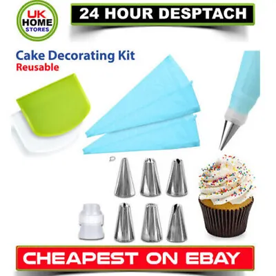 Silicone Bags Icing Piping Cream Pastry Cake Decorating Steel Nozzles 10 Pcs Set • £3.95