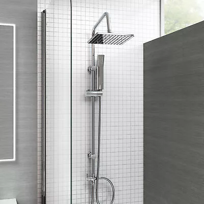 Shower Kit Twin Head Waterfall Chrome Adjust Riser Rail With Chrome Square Set • £35.49