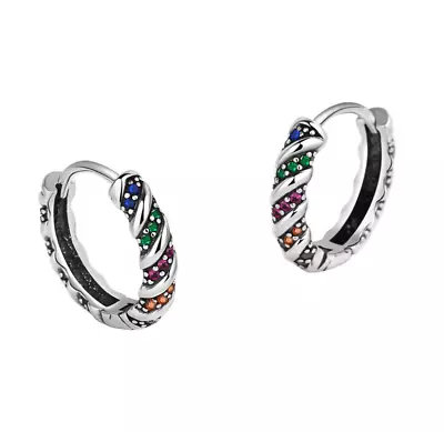 Women Tibetan Silver Vintage Patterned CZ Huggie Hoop Earrings 16mm/0.6  XJ3 • $5.95